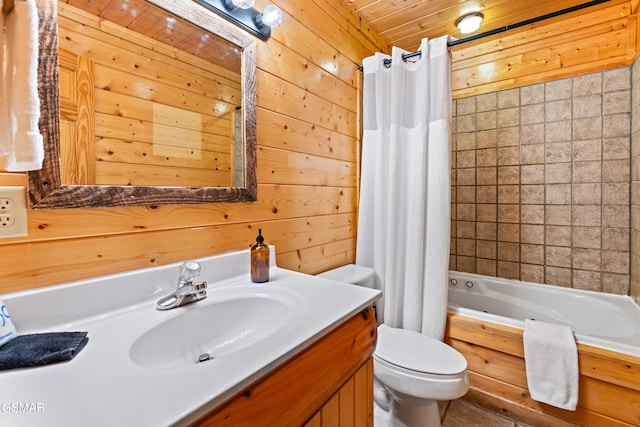 full bathroom featuring vanity, shower / tub combo, wooden walls, toilet, and wooden ceiling