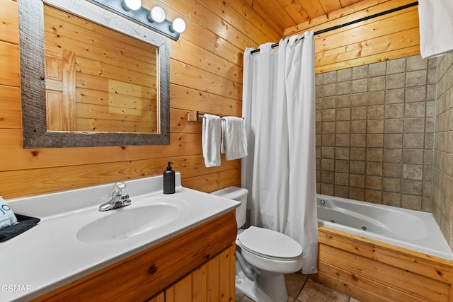 full bathroom featuring tile patterned floors, wooden walls, shower / tub combo, and vanity