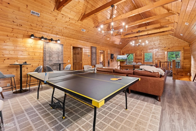 game room featuring wooden ceiling, an inviting chandelier, beamed ceiling, and wood walls