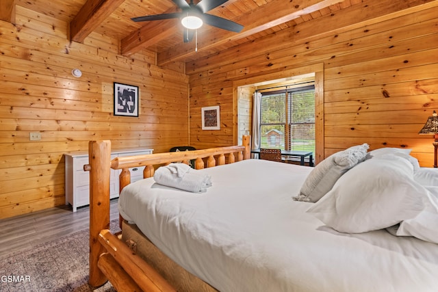 bedroom featuring wood ceiling, beam ceiling, wooden walls, and dark hardwood / wood-style flooring