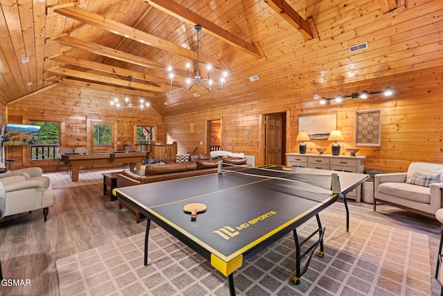 game room featuring hardwood / wood-style floors, wood ceiling, an inviting chandelier, wood walls, and beam ceiling