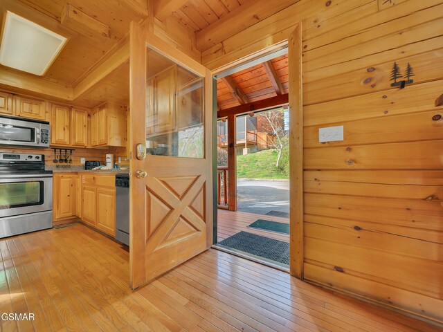3416 Merlin Way, Pigeon Forge, TN 37863 - kitchen with appliances with stainless steel finishes, light brown cabinetry, wooden ceiling, light wood-style flooring, and light countertops
