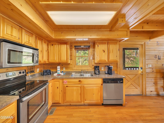 3416 Merlin Way, Pigeon Forge, TN 37863 - kitchen featuring appliances with stainless steel finishes, wooden ceiling, light wood-style flooring, light brown cabinetry, and wooden walls