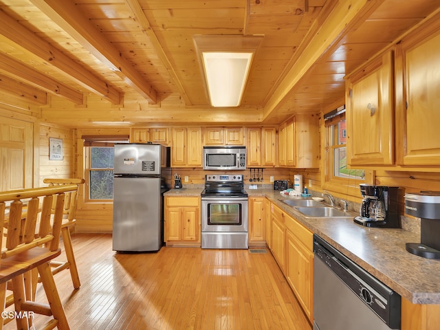 3416 Merlin Way, Pigeon Forge, TN 37863 - kitchen featuring stainless steel appliances, wooden ceiling, light brown cabinetry, wood walls, and light wood-style floors