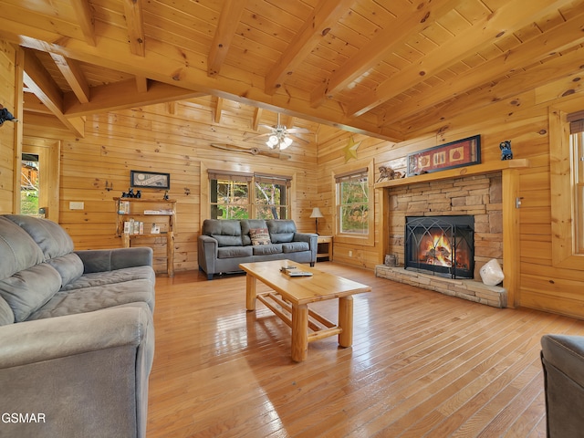 3416 Merlin Way, Pigeon Forge, TN 37863 - living area featuring light wood-type flooring, wood walls, a stone fireplace, ceiling fan, and a wooden ceiling with exposed beams
