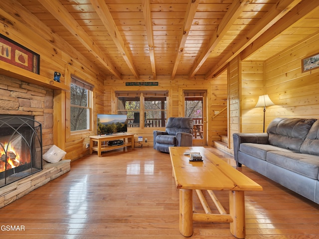 3416 Merlin Way, Pigeon Forge, TN 37863 - living area with a wood ceiling with exposed beams, wooden walls, a fireplace, and light wood-style flooring