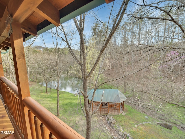 exterior space with a water view