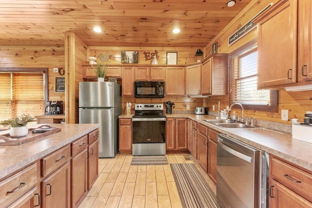 kitchen with appliances with stainless steel finishes, sink, light hardwood / wood-style flooring, wooden ceiling, and wood walls