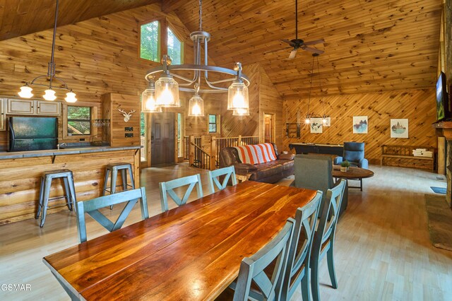 820 Pinnacle Vista Rd, Gatlinburg, TN 37738 - dining space featuring high vaulted ceiling, wood walls, plenty of natural light, a ceiling fan, and wood finished floors