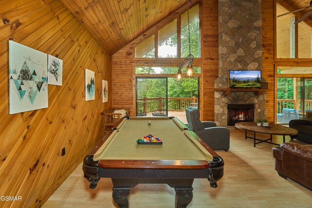 820 Pinnacle Vista Rd, Gatlinburg, TN 37738 - recreation room with pool table, high vaulted ceiling, wood finished floors, wood walls, and a fireplace
