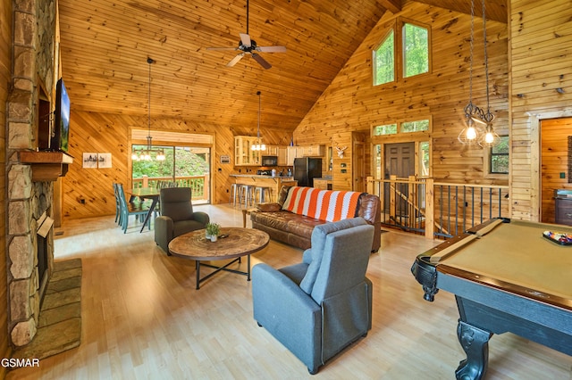820 Pinnacle Vista Rd, Gatlinburg, TN 37738 - living area featuring a chandelier, high vaulted ceiling, wood walls, ceiling fan, and light wood finished floors