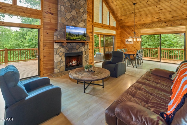 820 Pinnacle Vista Rd, Gatlinburg, TN 37738 - living room featuring wooden walls, high vaulted ceiling, a fireplace, wood finished floors, and a chandelier