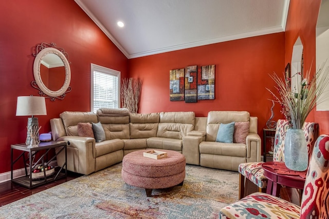 living room with ornamental molding, lofted ceiling, and hardwood / wood-style flooring