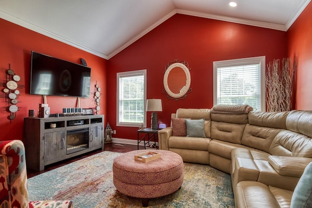 living room with crown molding, a healthy amount of sunlight, vaulted ceiling, and hardwood / wood-style flooring