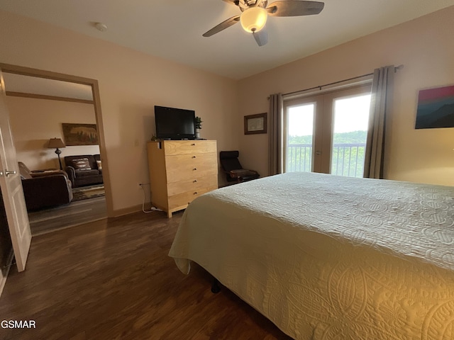 bedroom with access to outside, dark wood-type flooring, a ceiling fan, and baseboards