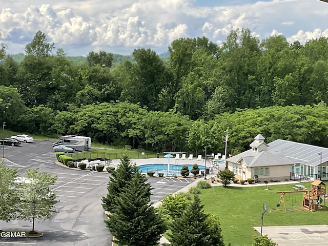 aerial view of a pool