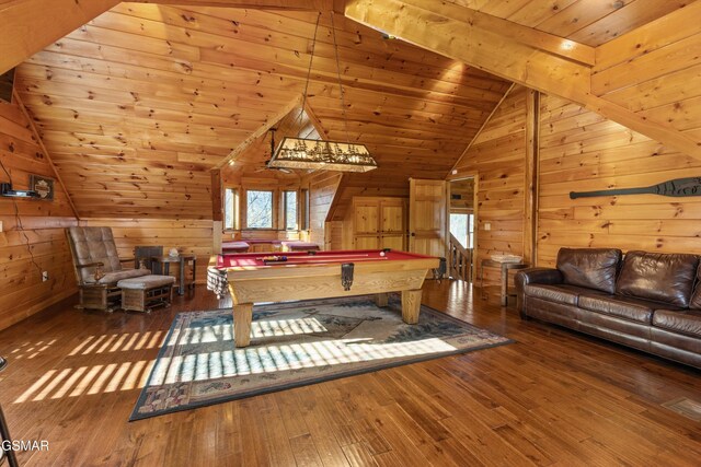 2436 Smoky Vista Way, Sevierville, TN 37862 - playroom with lofted ceiling, hardwood / wood-style floors, wood walls, pool table, and wooden ceiling