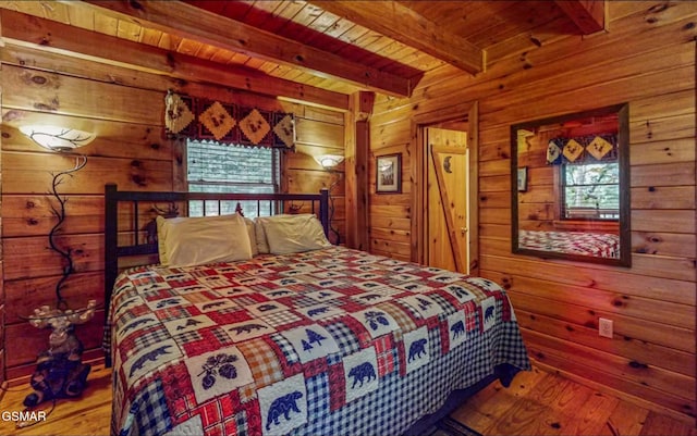 bedroom with wood-type flooring, wood ceiling, beam ceiling, and wood walls