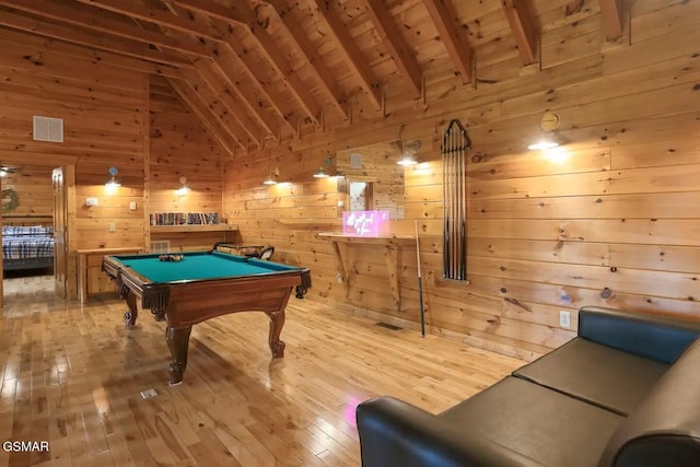 2336 Breezy Rd, Sevierville, TN 37876 - rec room with lofted ceiling, wood walls, billiards, wood-type flooring, and wood ceiling