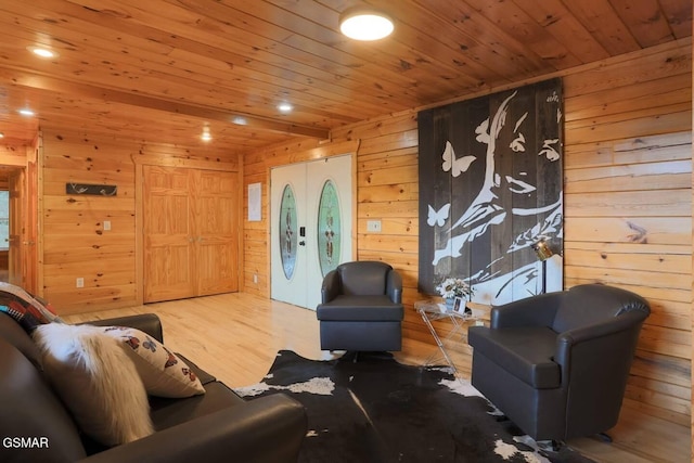 2336 Breezy Rd, Sevierville, TN 37876 - living area featuring wood walls, wood finished floors, wooden ceiling, and recessed lighting