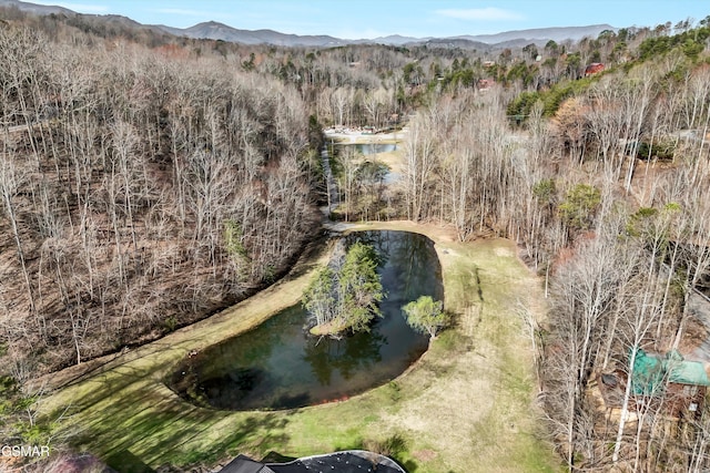 bird's eye view with a water and mountain view and a wooded view