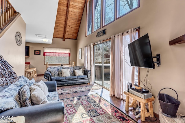 living room with wood finished floors, wood ceiling, and plenty of natural light