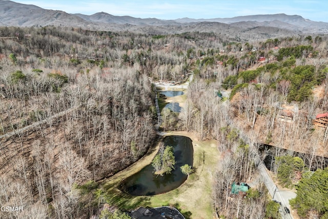drone / aerial view featuring a wooded view and a water and mountain view