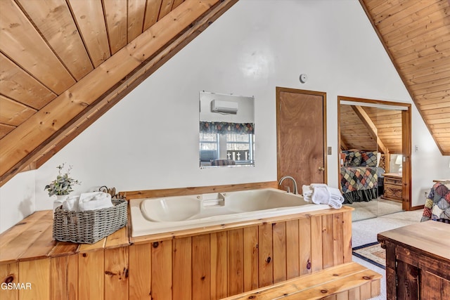 interior space with lofted ceiling, butcher block counters, and wooden ceiling