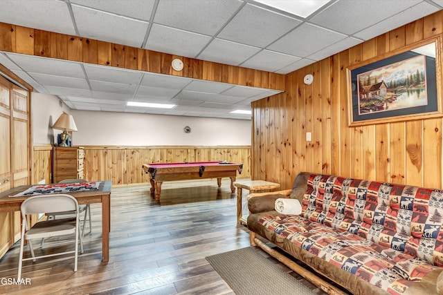 playroom featuring hardwood / wood-style floors, a wainscoted wall, billiards, and a paneled ceiling