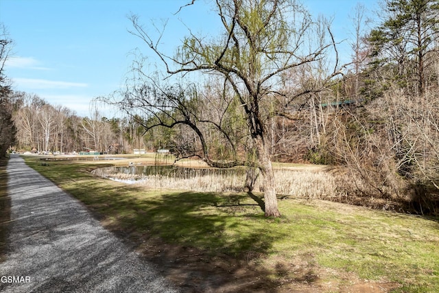surrounding community with a water view and a yard