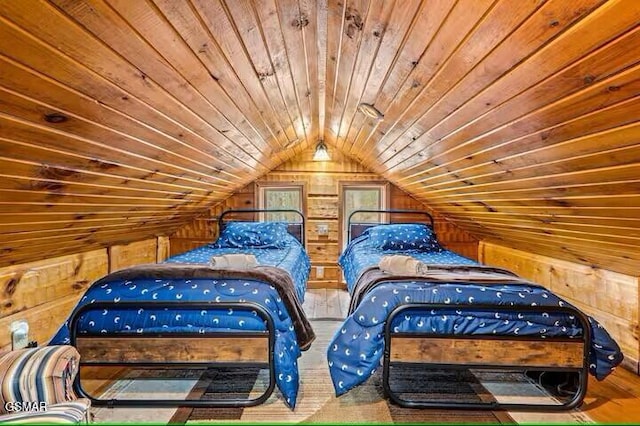 bedroom featuring wood-type flooring, lofted ceiling, wooden walls, and wood ceiling