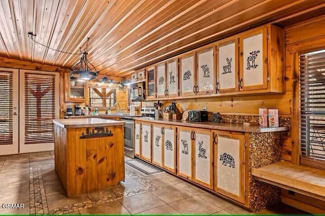 bar featuring sink, decorative light fixtures, stainless steel electric range, light tile patterned floors, and wood ceiling