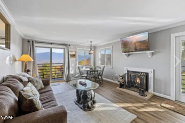 living room featuring crown molding and hardwood / wood-style floors