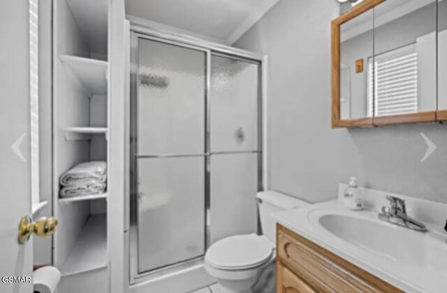 bathroom with vanity, toilet, and a shower with shower door