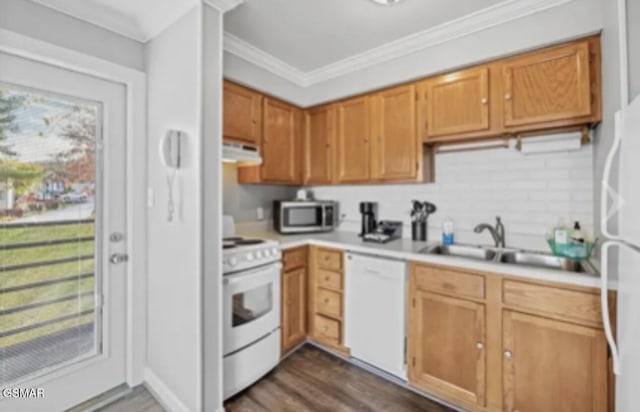 kitchen with crown molding, white appliances, sink, and dark wood-type flooring