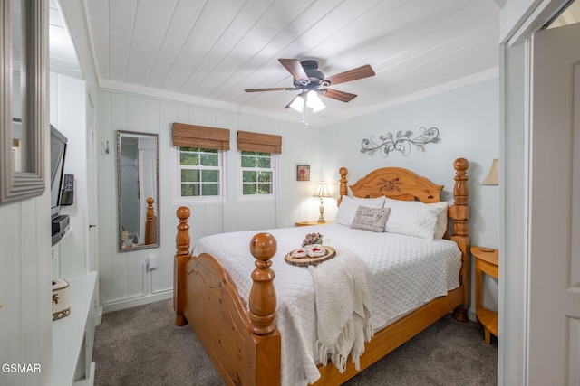 204 Hill St, Gatlinburg, TN 37738 - bedroom featuring carpet floors, crown molding, wood ceiling, and a ceiling fan