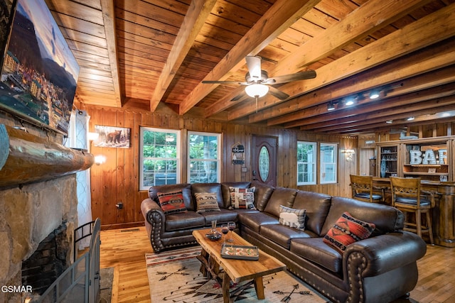 204 Hill St, Gatlinburg, TN 37738 - living room featuring wood walls, plenty of natural light, hardwood / wood-style flooring, a wooden ceiling with exposed beams, and a fireplace