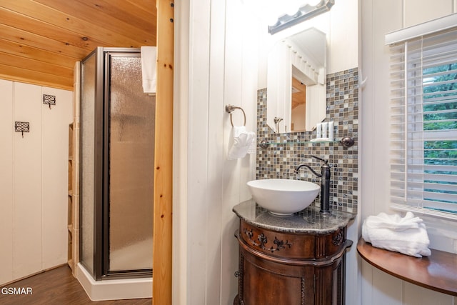 204 Hill St, Gatlinburg, TN 37738 - full bath featuring a stall shower, decorative backsplash, vanity, and wood finished floors
