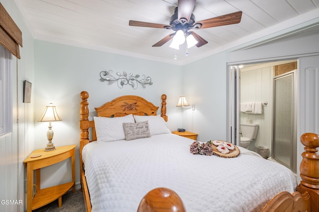 204 Hill St, Gatlinburg, TN 37738 - bedroom with connected bathroom, a ceiling fan, carpet floors, and wooden ceiling