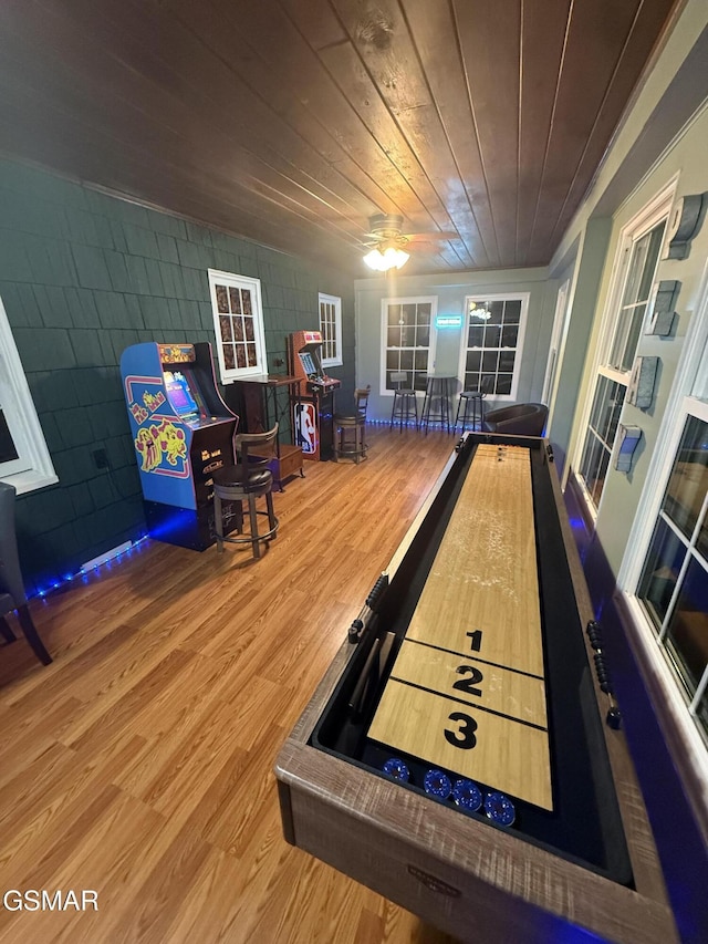 204 Hill St, Gatlinburg, TN 37738 - recreation room featuring wooden ceiling, wood finished floors, ceiling fan, and concrete block wall