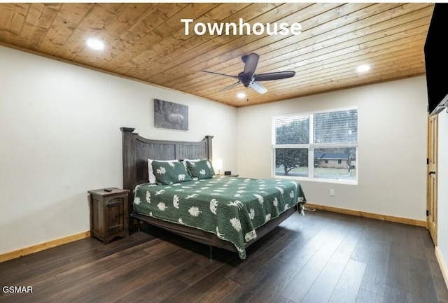 bedroom featuring baseboards, wooden ceiling, wood-type flooring, ceiling fan, and recessed lighting