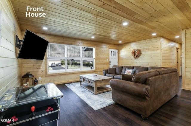 living room with wooden ceiling, wood walls, dark wood-type flooring, and recessed lighting