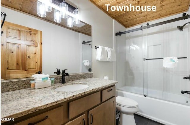 full bathroom featuring toilet, vanity, wood ceiling, and enclosed tub / shower combo