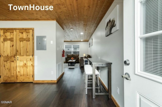 hallway featuring dark wood-type flooring, wood ceiling, electric panel, and baseboards