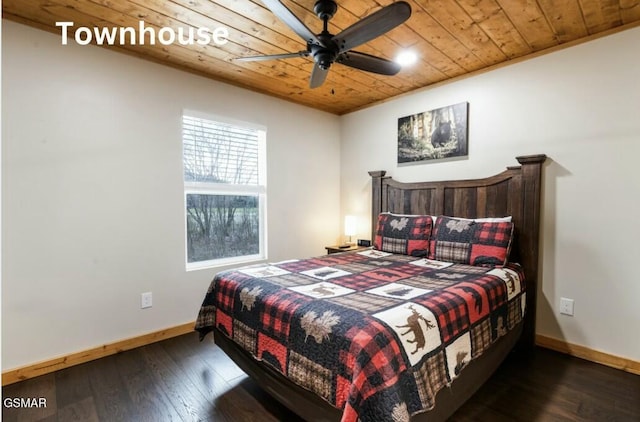 bedroom with a ceiling fan, wooden ceiling, wood-type flooring, and baseboards