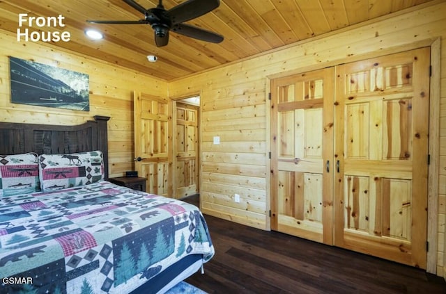 bedroom with wooden ceiling, wood walls, and wood finished floors