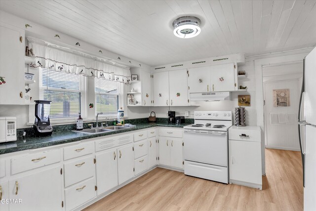 39693975 Wears Valley Rd, Sevierville, TN 37862 - kitchen featuring open shelves, white appliances, under cabinet range hood, a sink, and wood ceiling