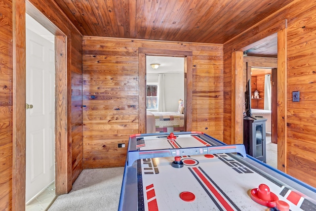39693975 Wears Valley Rd, Sevierville, TN 37862 - recreation room featuring wood walls, wood ceiling, and carpet flooring