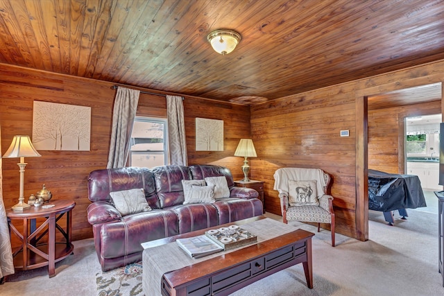 39693975 Wears Valley Rd, Sevierville, TN 37862 - living area featuring wooden ceiling, light colored carpet, and wood walls