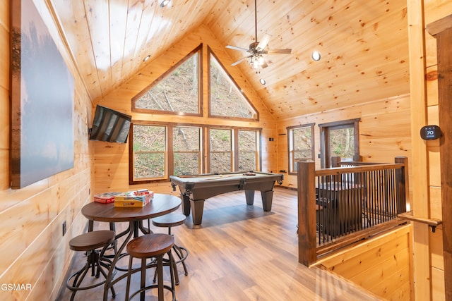 rec room with wood ceiling, hardwood / wood-style floors, wooden walls, ceiling fan, and pool table